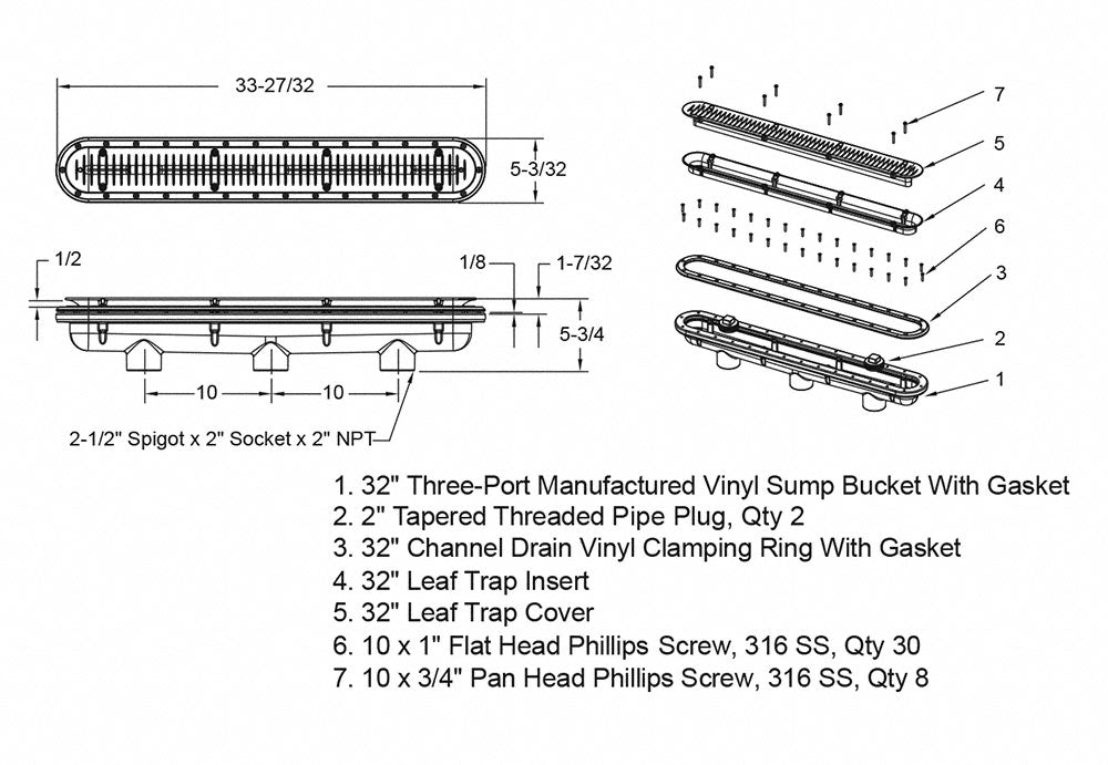 AquaStar 32 Channel Drain with 3 Port Sump/Flat Grate