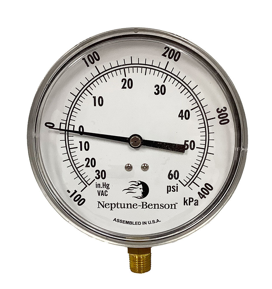 0 to 60 PSI Pressure Vacuum Gauge Combination - 30 Inch Vacuum - 1/4 Inch NPT Bottom Mount