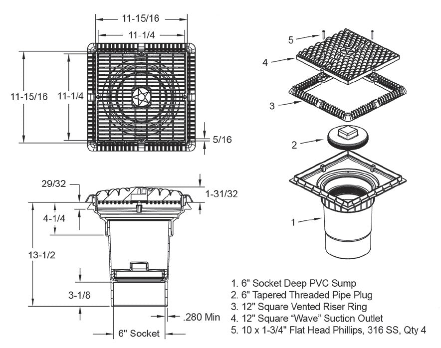 12 Inch Square Wave Anti-Entrapment Suction Outlet Cover With 6 Inch Socket Deep Sump