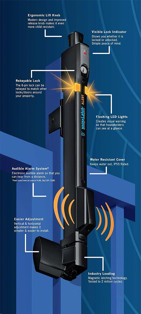 Magna-Latch Alert Vertical Pull Safety Gate Latch With Alarms - Black