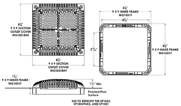 12 Inch Square Drain Cover and Inner/Outer Frame High Flow - Pack of 2