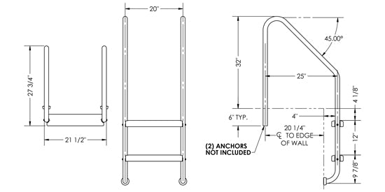 2-Step 25 Inch Wide Standard Ladder 1.50 x .120 Inch - Marine Grade