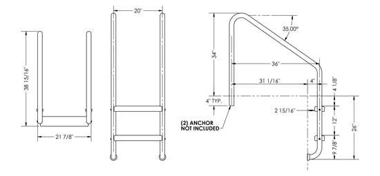 2-Step 35 Inch Wide Standard Ladder 1.50 x .083 Inch - Marine Grade