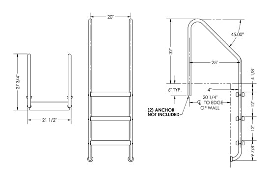 3-Step 25 Inch Wide Standard Ladder 1.50 x .120 Inch - Marine Grade