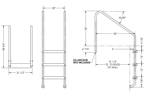 3-Step 35 Inch Wide Standard Ladder 1.50 x .120 Inch - Marine Grade