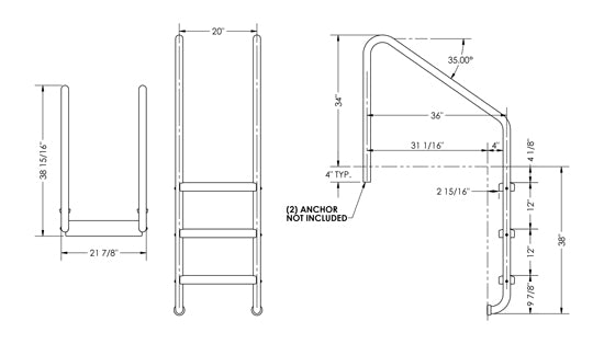 3-Step 35 Inch Wide Standard Ladder 1.50 x .083 Inch - Marine Grade