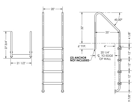 4-Step 25 Inch Wide Standard Ladder 1.50 x .120 Inch - Marine Grade