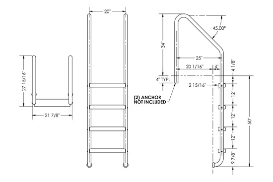 4-Step 25 Inch Wide Standard Ladder 1.50 x .083 Inch - Marine Grade