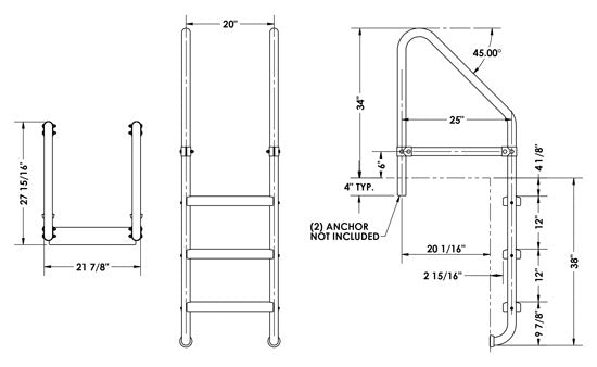 3-Step 25 Inch Wide Cross-Braced Heavy-Duty Ladder 1.90 x .065 Inch