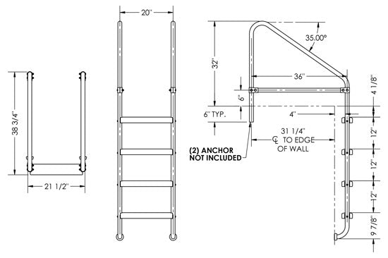 4-Step 36 Inch Wide Cross-Braced Heavy-Duty Ladder 1.50 x .083 Inch - Marine Grade