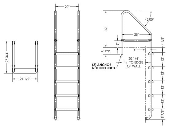 5-Step 25 Inch Wide Cross-Braced Heavy-Duty Ladder 1.50 x .120 Inch - Marine Grade