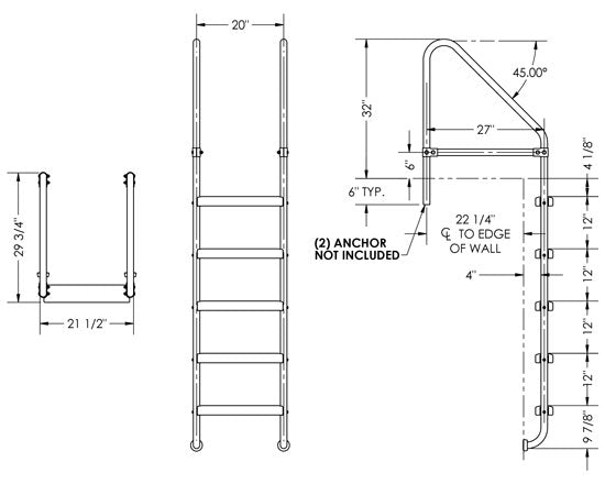 5-Step 27 Inch Wide Cross-Braced Heavy-Duty Ladder 1.50 x .083 Inch - Marine Grade