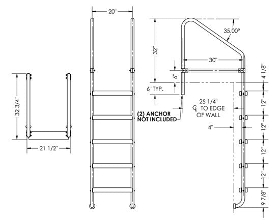 5-Step 30 Inch Wide Cross-Braced Heavy-Duty Ladder 1.50 x .083 Inch - Marine Grade