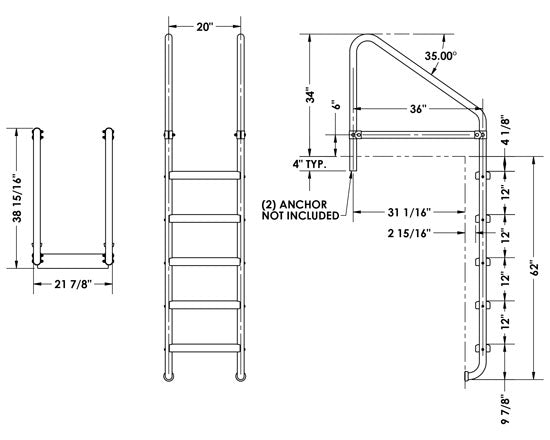 5-Step 36 Inch Wide Cross-Braced Heavy-Duty Ladder 1.90 x .065 Inch