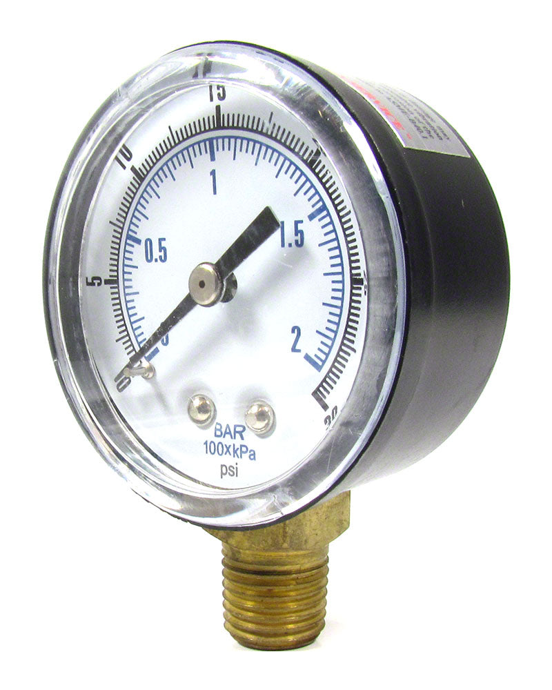 0 to 30 PSI Pressure Gauge - 1/4 Inch Bottom Mount - 2 Inch Face Case