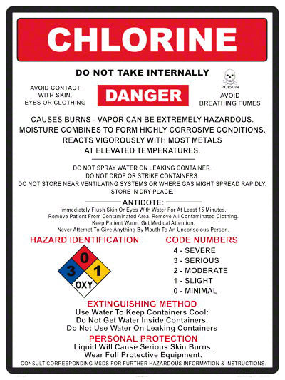 Chlorine Danger Instruction Sign - 18x24 Inch - Adhesive Vinyl