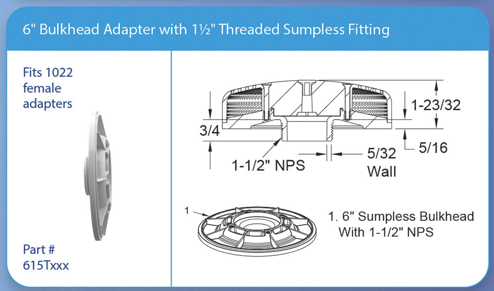 VGB 6 Inch Bulkhead Adapter Fitting - 1-1/2 Inch MPT - Sumpless