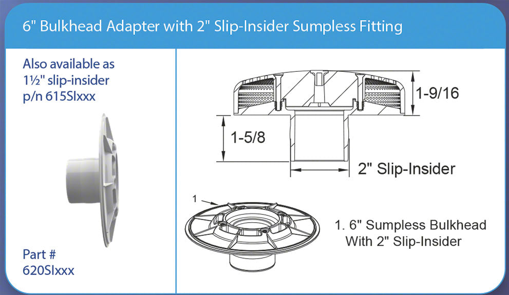 VGB Bulkhead Adapter 6 Inch With 2 Inch Slip Sumpless Fitting