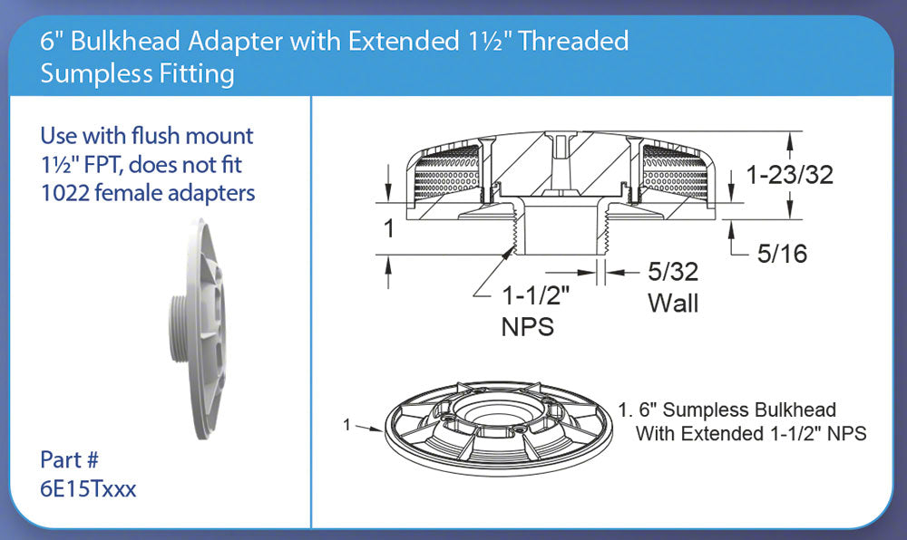 VGB 6 Inch Bulkhead Adapter Fitting - 1-1/2 Inch Extended MPT - Sumpless