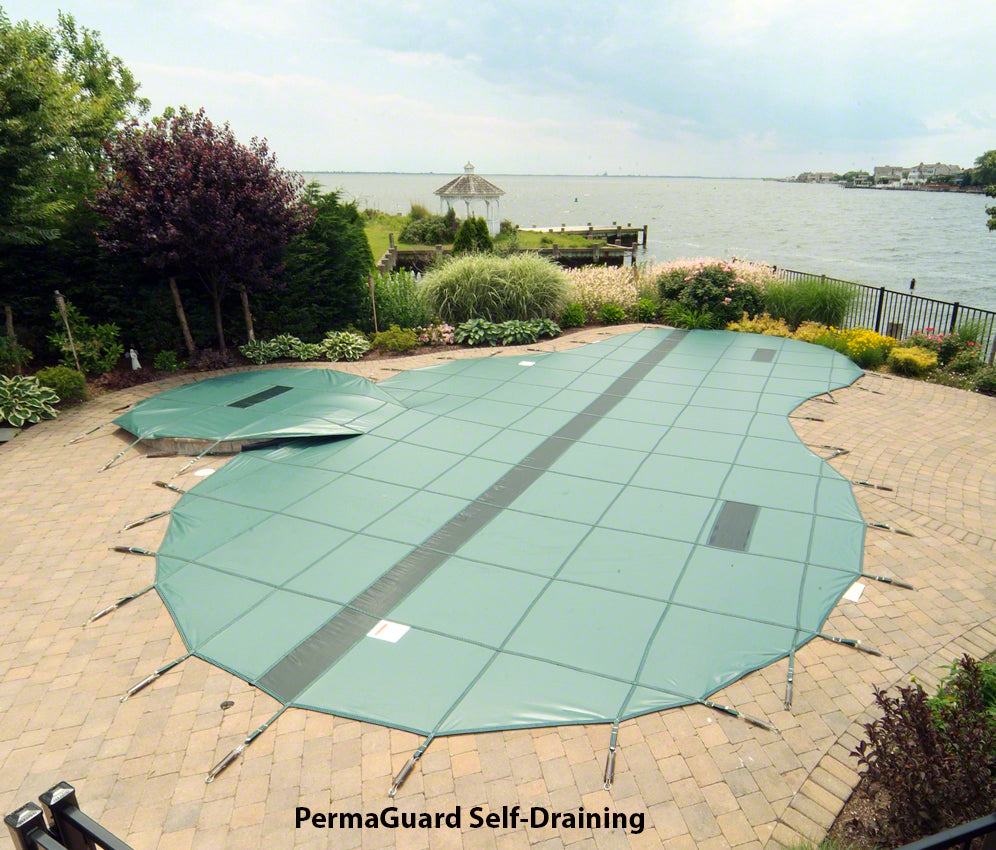 PermaGuard Solid Vinyl Rectangular Safety Pool Cover 15 x 30 Feet, 4 x 8 Center Step With Drain