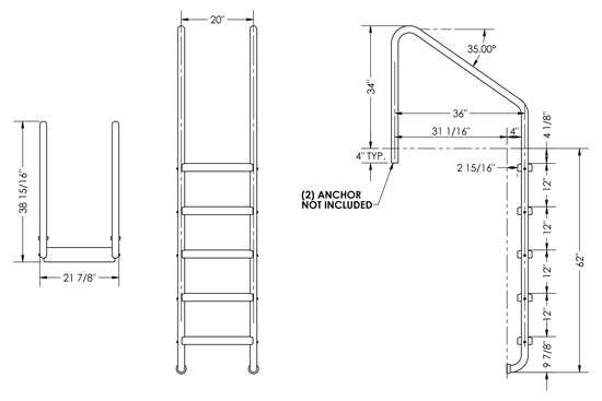 5-Step 36 Inch Wide Standard Ladder 1.50 x .083 Inch - Marine Grade