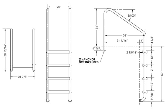 4-Step 35 Inch Wide Standard Ladder 1.50 x .083 Inch - Marine Grade