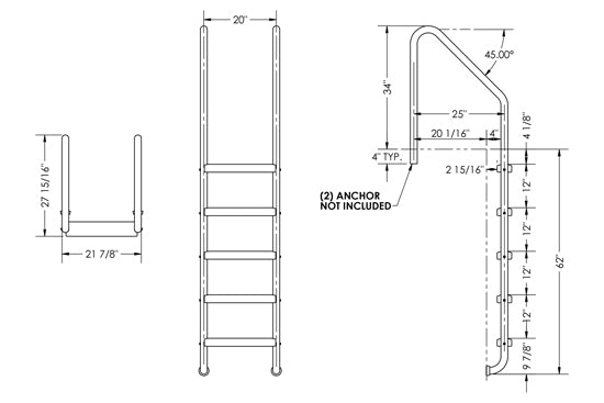 5-Step 25 Inch Wide Standard Ladder 1.50 x .083 Inch - Marine Grade