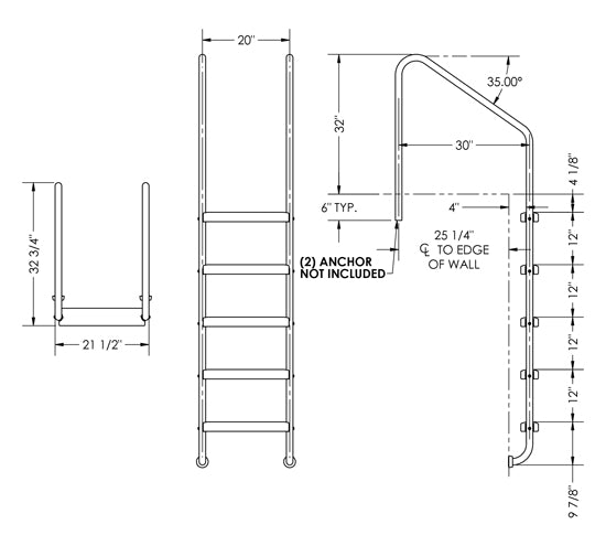 5-Step 30 Inch Wide Standard Ladder 1.50 x .120 Inch - Marine Grade