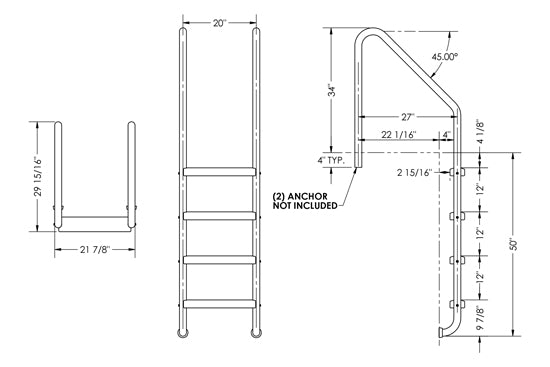 4-Step 27 Inch Wide Standard Ladder 1.50 x .083 Inch - Marine Grade