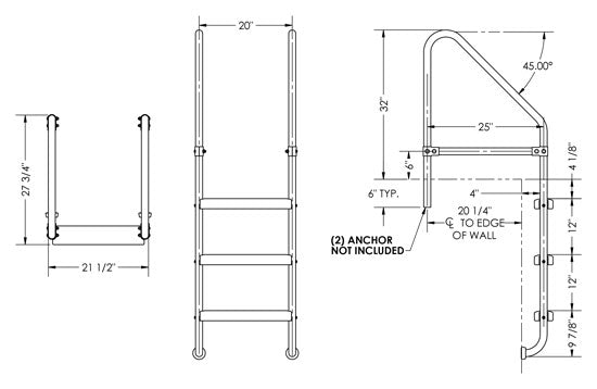 3-Step 25 Inch Wide Cross-Braced Heavy-Duty Ladder 1.50 x .120 Inch - Marine Grade