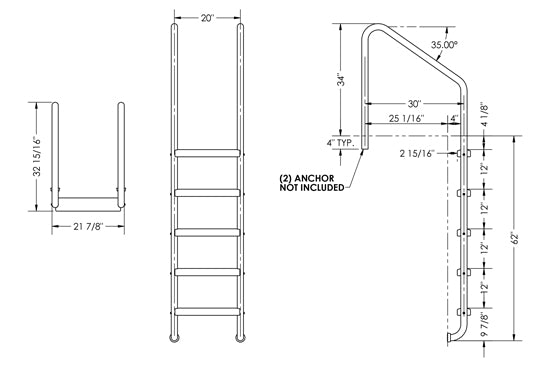 5-Step 30 Inch Wide Standard Ladder 1.50 x .083 Inch - Marine Grade