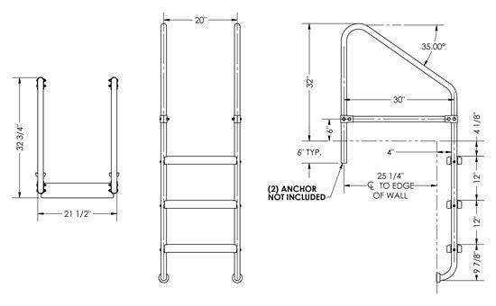 3-Step 30 Inch Wide Cross-Braced Heavy-Duty Ladder 1.50 x .083 Inch - Marine Grade