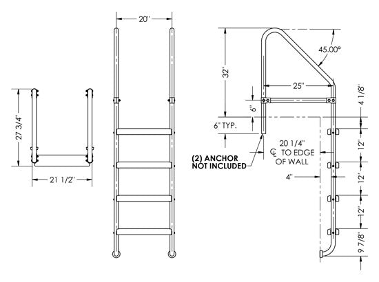 4-Step 25 Inch Wide Cross-Braced Heavy-Duty Ladder 1.50 x .120 Inch - Marine Grade