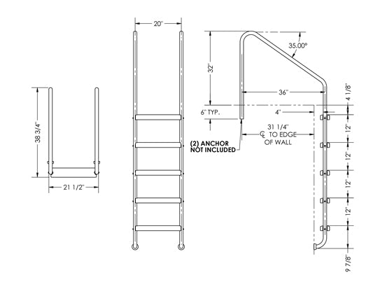 5-Step 36 Inch Wide Standard Ladder 1.50 x .120 Inch - Marine Grade