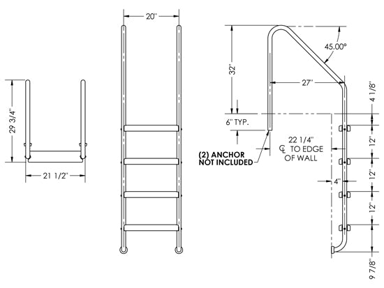 4-Step 27 Inch Wide Standard Ladder 1.50 x .120 Inch - Marine Grade