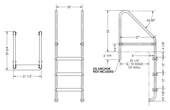 3-Step 27 Inch Wide Cross-Braced Heavy-Duty Ladder 1.50 x .120 Inch - Marine Grade