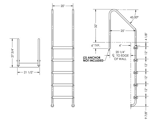 5-Step 25 Inch Wide Standard Ladder 1.50 x .120 Inch - Marine Grade